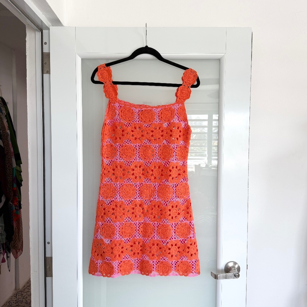 Mango Orange Crochet Swim Coverup with Pink Accents
